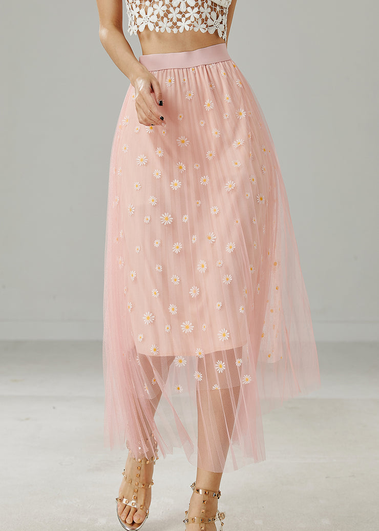 Beautiful Pink Chrysanthemum Embroidered Tulle Skirt Summer