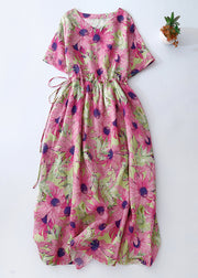 Beautiful Pink Cinched Print Linen Vacation Dresses Summer