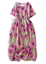 Beautiful Pink Cinched Print Linen Vacation Dresses Summer