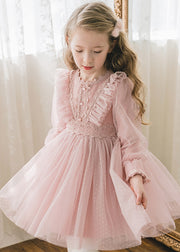 Beautiful Pink Dot Hollow Out Tulle Girls Long Dress Flare Sleeve