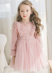 Beautiful Pink Dot Hollow Out Tulle Girls Long Dress Flare Sleeve