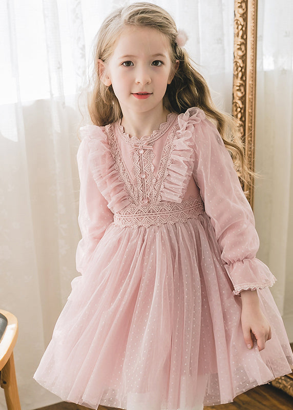 Beautiful Pink Dot Hollow Out Tulle Girls Long Dress Flare Sleeve