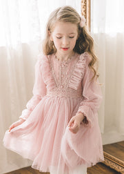 Beautiful Pink Dot Hollow Out Tulle Girls Long Dress Flare Sleeve