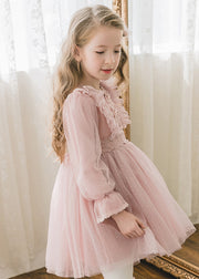 Beautiful Pink Dot Hollow Out Tulle Girls Long Dress Flare Sleeve