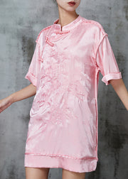 Beautiful Pink Embroidered Chinese Button Silk Mini Dress Spring