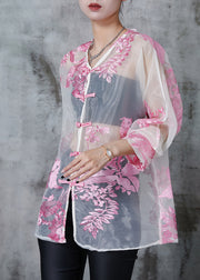 Beautiful Pink Embroidered Organza UPF 50+ Tops Summer