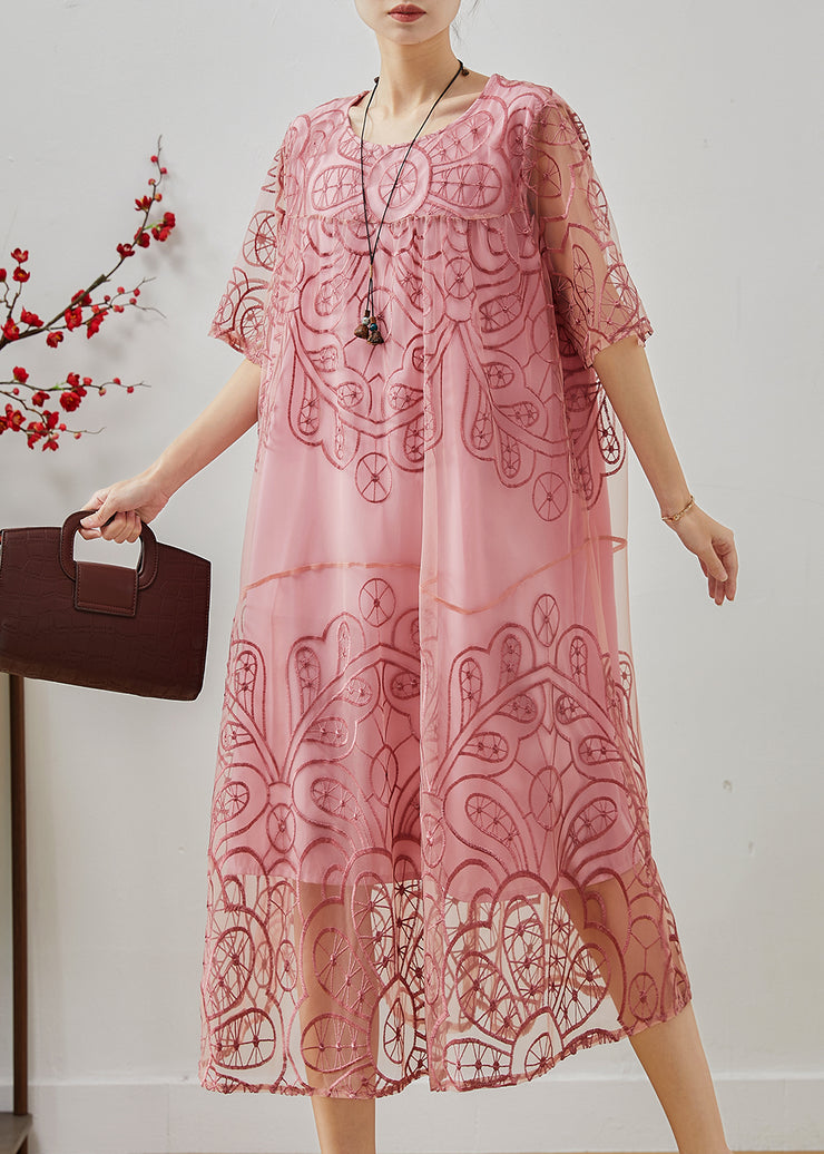 Beautiful Pink Embroidered Tulle Ankle Dress Summer