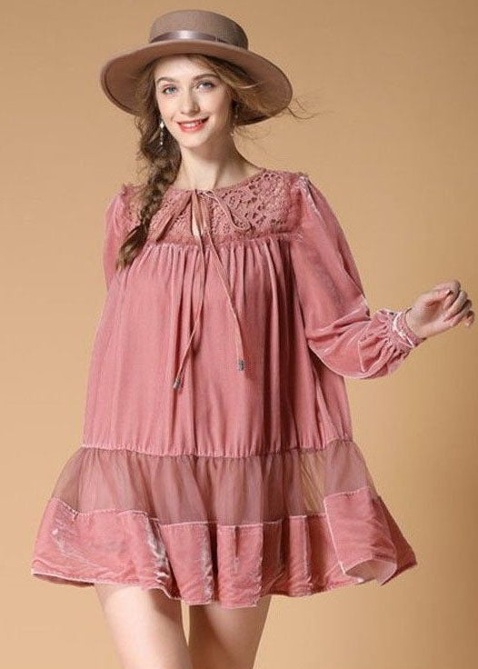 Beautiful Pink Embroideried Lace Up Patchwork Velour Dress Spring