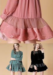 Beautiful Pink Embroideried Lace Up Patchwork Velour Dress Spring