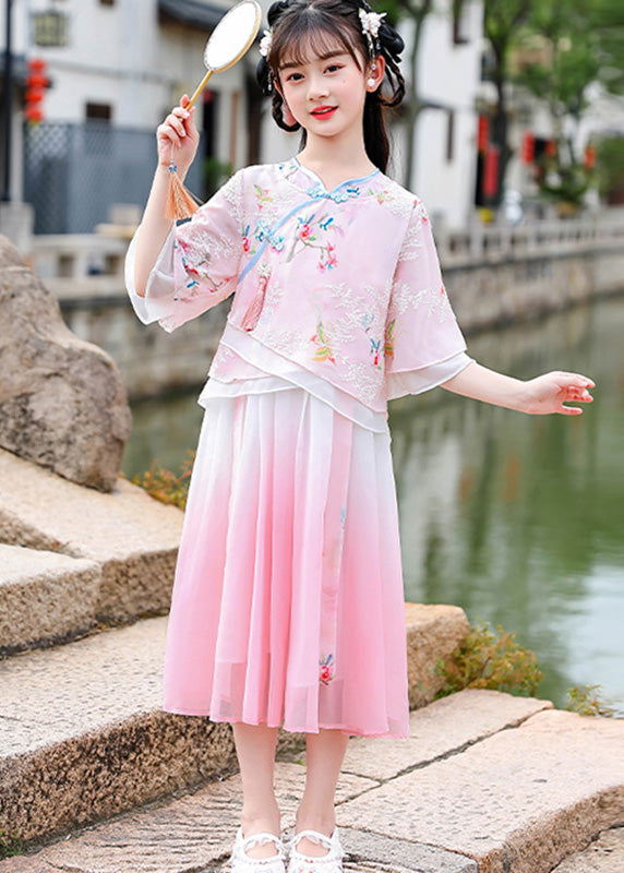 Beautiful Pink Embroideried Patchwork Button Chiffon Kids Long Dresses Half Sleeve