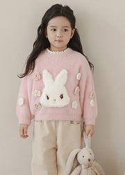 Beautiful Pink Embroideried Warm Fleece Patch Cotton Knit Kids Sweate Spring