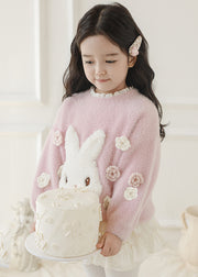 Beautiful Pink Embroideried Warm Fleece Patch Cotton Knit Kids Sweate Spring