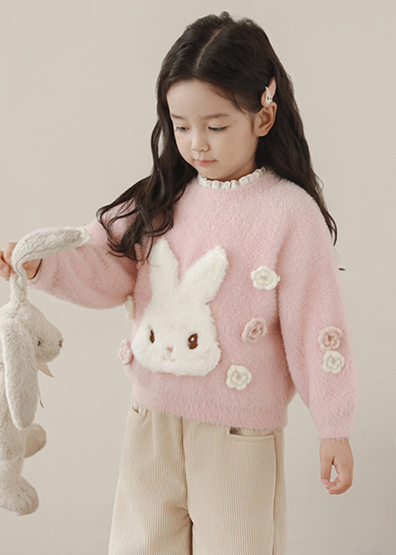 Beautiful Pink Embroideried Warm Fleece Patch Cotton Knit Kids Sweate Spring