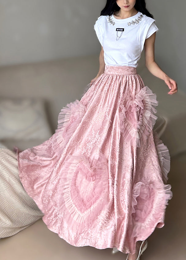 Beautiful Pink Exra Large Hem Patchwork Heart-shaped Silk Party Skirts Spring