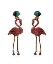 Beautiful Pink Flamingo Zircon Tassel Silver Drop Earrings