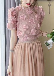 Beautiful Pink Floral Hollow Out Knit Top Summer