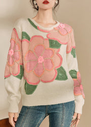 Beautiful Pink Floral Patchwork Cozy Cotton Knit Sweaters Fall