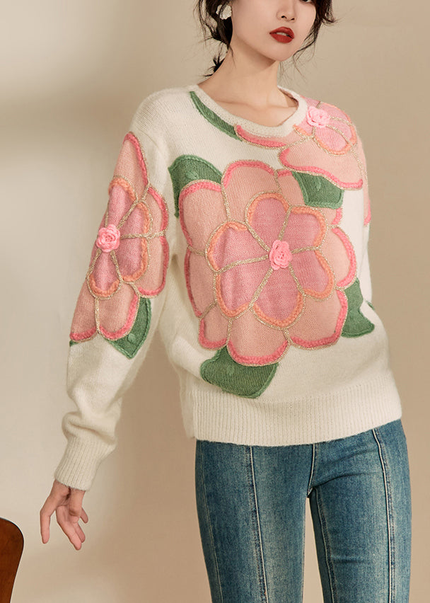 Beautiful Pink Floral Patchwork Cozy Cotton Knit Sweaters Spring