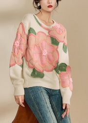 Beautiful Pink Floral Patchwork Cozy Cotton Knit Sweaters Spring