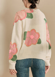 Beautiful Pink Floral Patchwork Cozy Cotton Knit Sweaters Fall