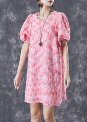 Beautiful Pink Floral Silk Mid Dresses Puff Sleeve