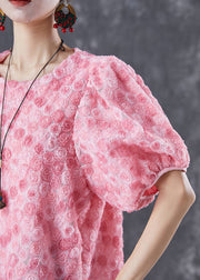 Beautiful Pink Floral Silk Mid Dresses Puff Sleeve