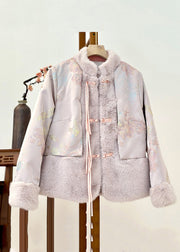 Beautiful Pink Fur Collar Print Patchwork Parka Winter