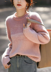 Beautiful Pink Gradient O Neck Thick Woolen Knit Pullover Winter