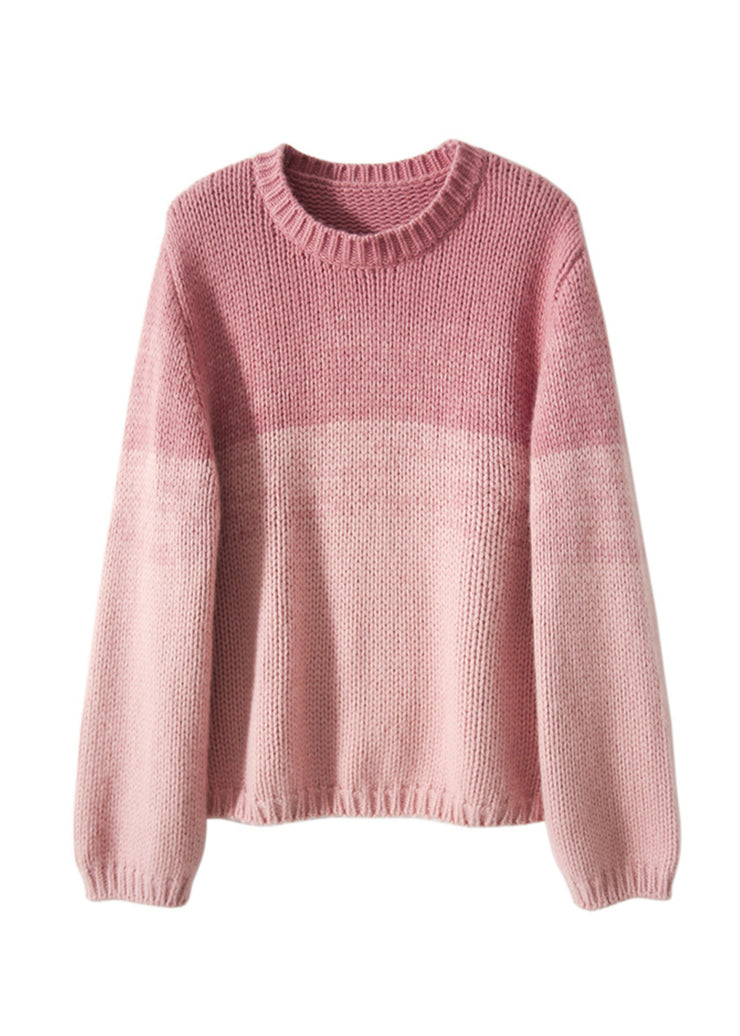 Beautiful Pink Gradient O Neck Thick Woolen Knit Pullover Winter