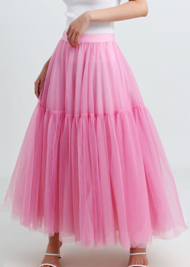 Beautiful Pink High Waist Patchwork Tulle Pleated Skirt Summer