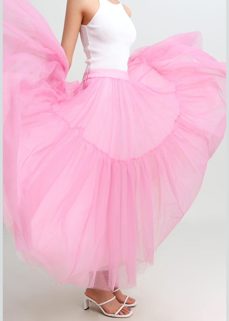 Beautiful Pink High Waist Patchwork Tulle Pleated Skirt Summer