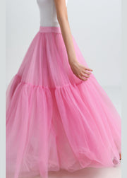 Beautiful Pink High Waist Patchwork Tulle Pleated Skirt Summer