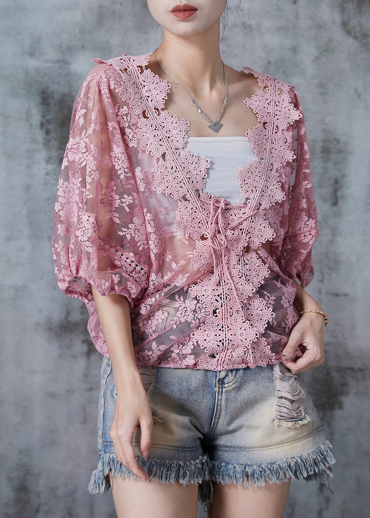 Beautiful Pink Hollow Out Lace Blouse Top Summer