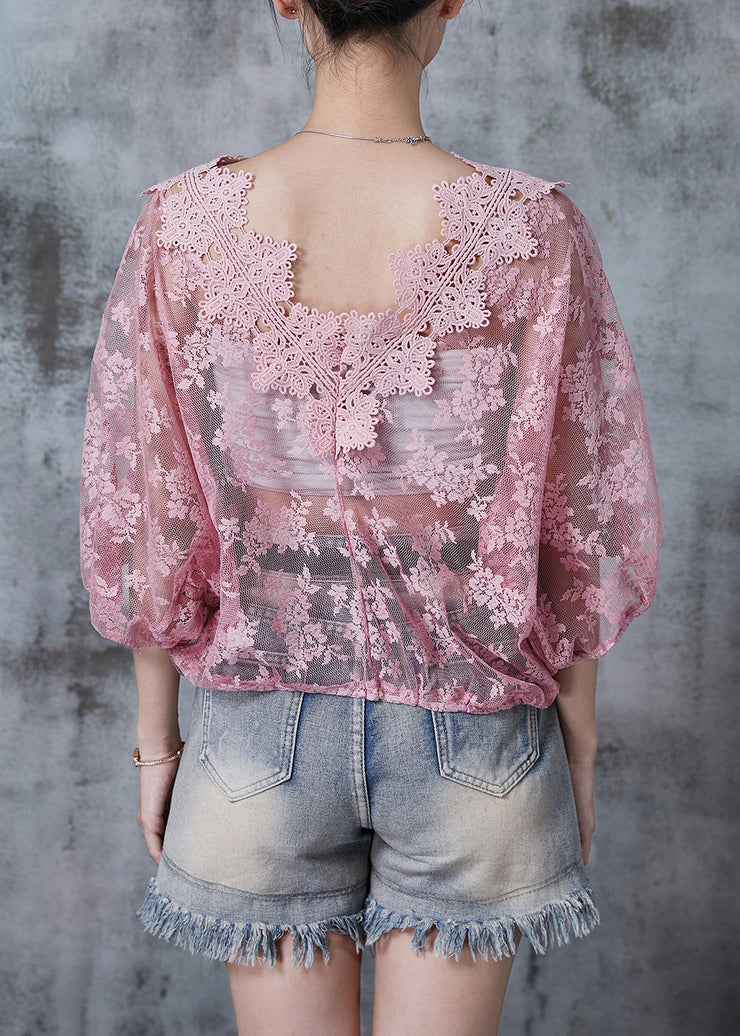 Beautiful Pink Hollow Out Lace Blouse Top Summer