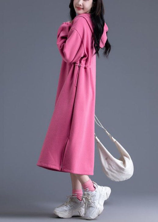 Beautiful Pink Hooded Cinched Side Open Warm Fleece Sweatshirts Dress Spring