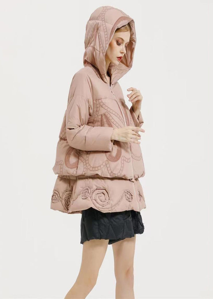 Beautiful Pink Hooded Embroidery Patchwork Duck Down Coat Winter