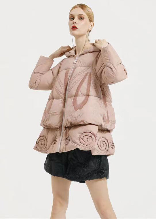 Beautiful Pink Hooded Embroidery Patchwork Duck Down Coat Winter