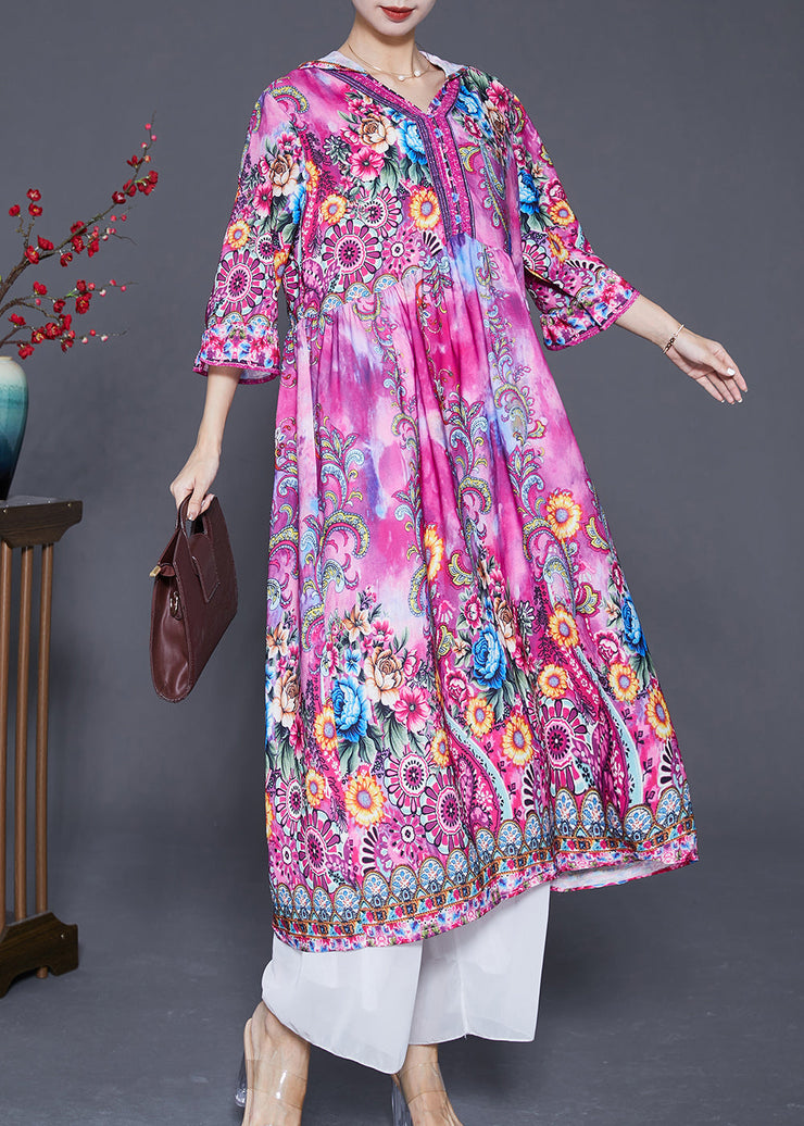 Beautiful Pink Hooded Print Silk Vacation Dresses Bracelet Sleeve