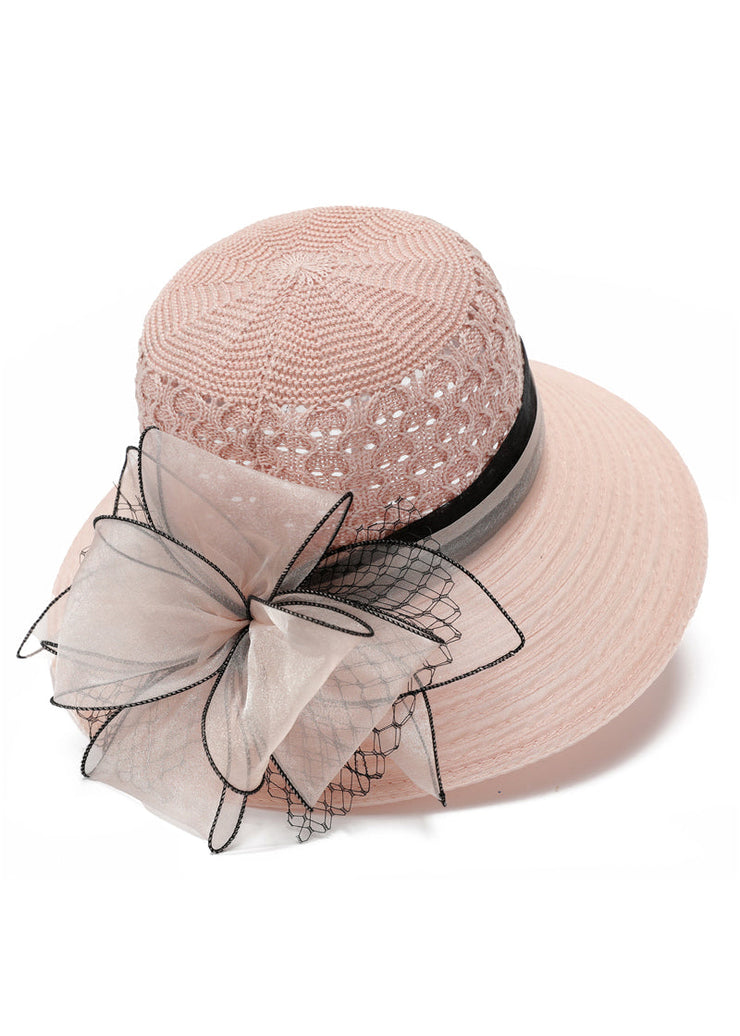 Beautiful Pink Knit Patchwork Tulle Bow Bucket Hat