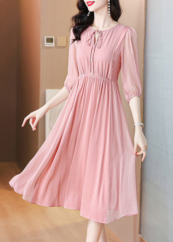 Beautiful Pink Lace Up Wrinkled Chiffon Dress Summer