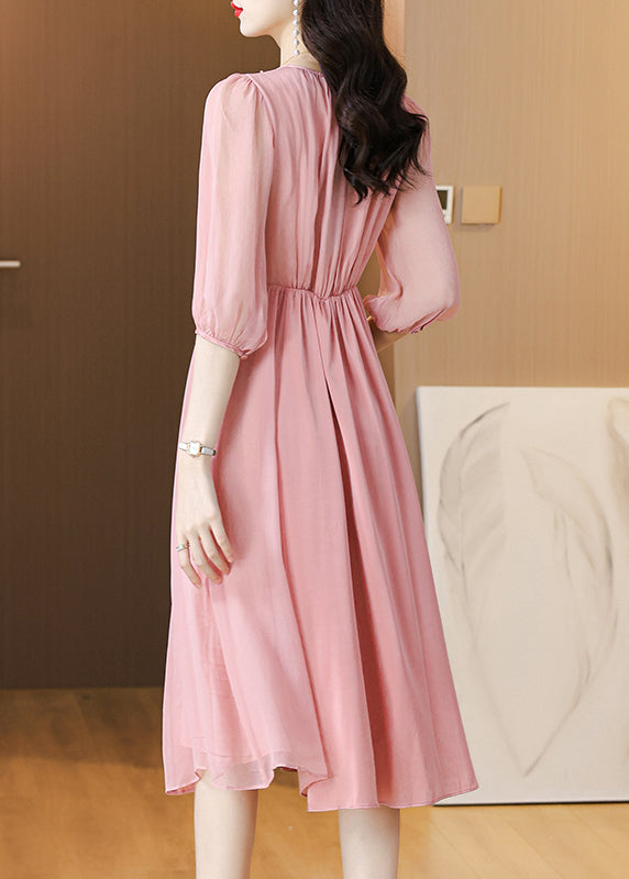 Beautiful Pink Lace Up Wrinkled Chiffon Dress Summer