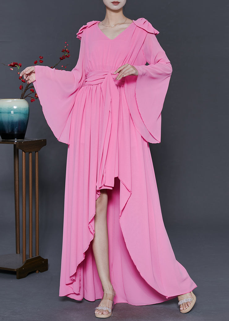 Beautiful Pink Low High Design Exra Large Hem Chiffon Vacation Dresses Fall