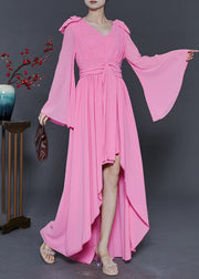 Beautiful Pink Low High Design Exra Large Hem Chiffon Vacation Dresses Fall