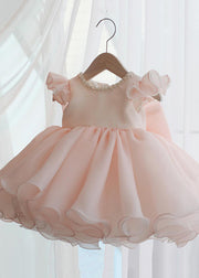 Beautiful Pink Nail Bead Patchwork Tulle Kids Long Dresses Short Sleeve