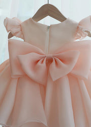 Beautiful Pink Nail Bead Patchwork Tulle Kids Long Dresses Short Sleeve