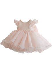 Beautiful Pink Nail Bead Patchwork Tulle Kids Long Dresses Short Sleeve