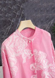 Beautiful Pink O Neck Button Print Silk Shirt Long Sleeve