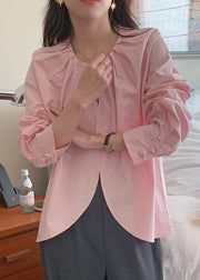 Beautiful Pink O-Neck Chinese Button Cotton Shirt Top Spring