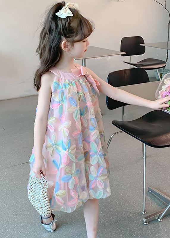 Beautiful Pink O-Neck Embroideried Floral Tulle Kids Long Dress Sleeveless