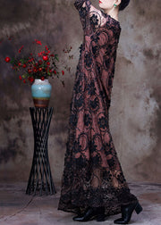 Beautiful Pink O-Neck Embroideried Lace Holiday Long Dress Long Sleeve